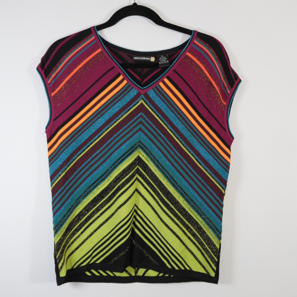 Vintage Sweaterworks Chevron Stripe Metallic Knit Tank Top Sweater Grannycore L